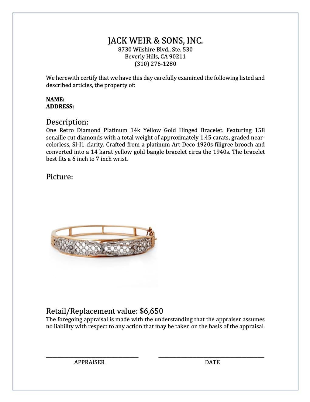 Retro Diamant-Platin-Armband mit Scharnier aus 14 Karat Gelbgold 2