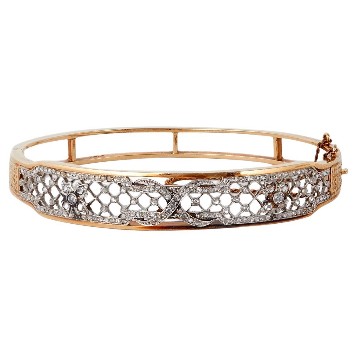 Retro Diamant-Platin-Armband mit Scharnier aus 14 Karat Gelbgold
