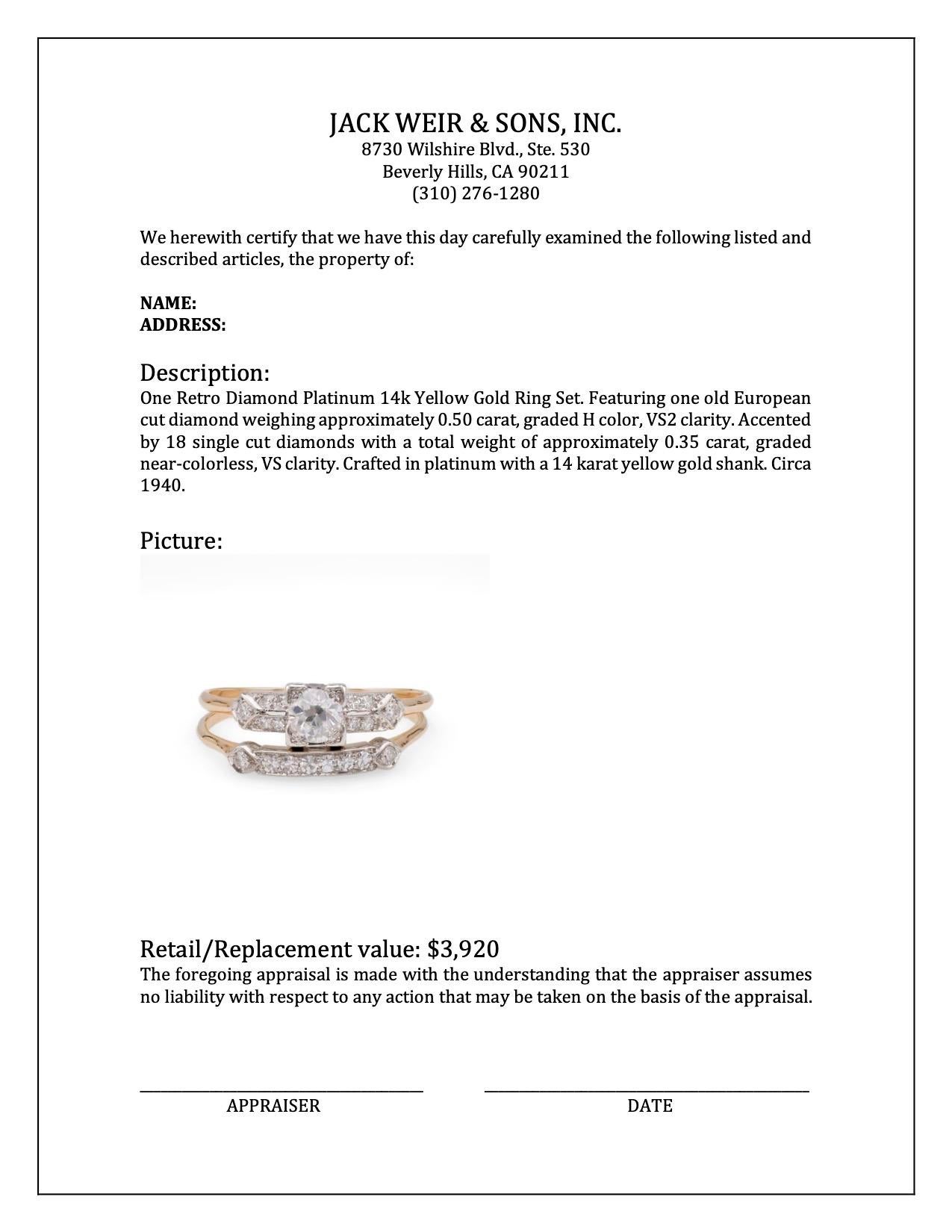 Women's or Men's Retro Diamond Platinum 14k Yellow Gold Ring Set For Sale