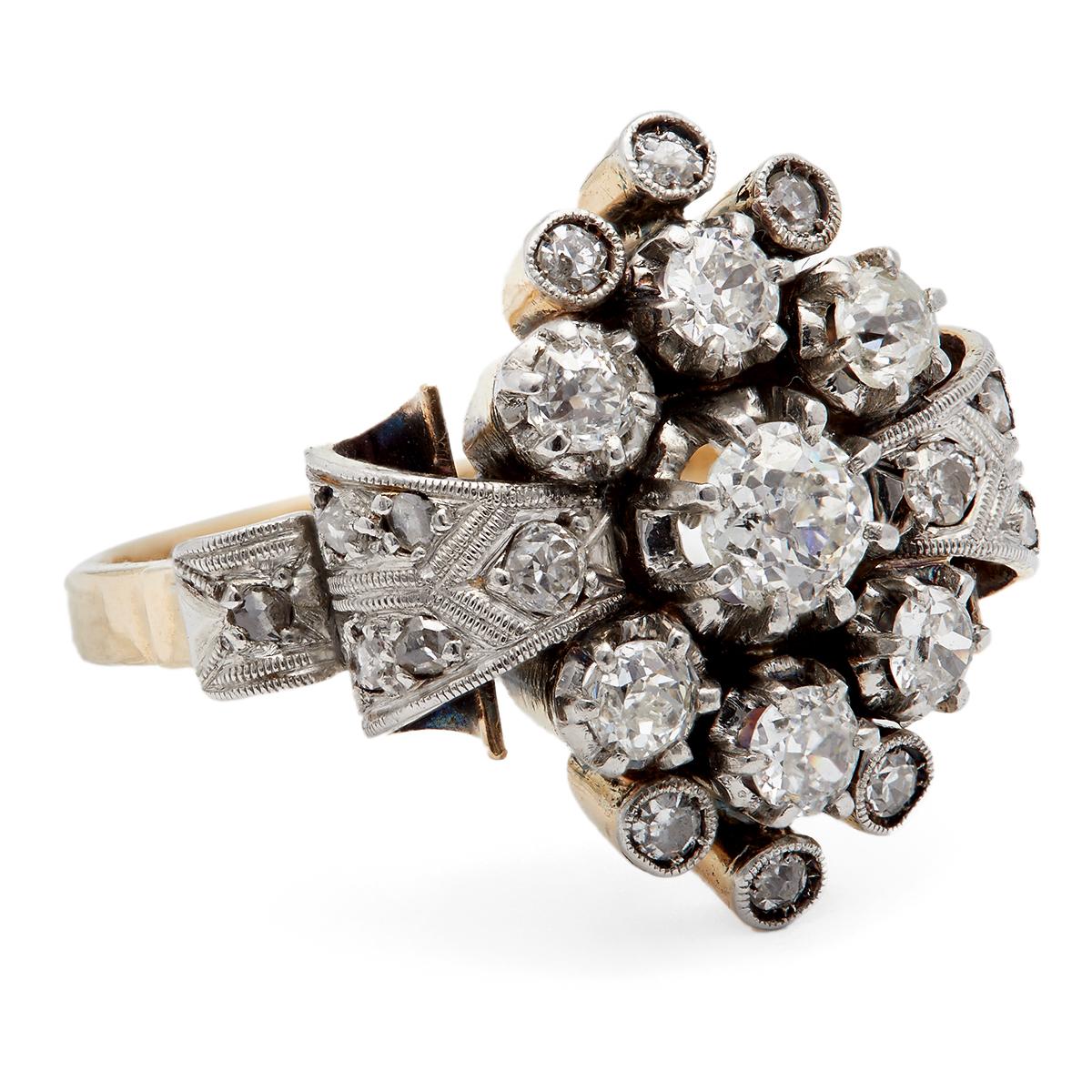 Old European Cut Retro Diamond Platinum 18k Yellow Gold Cluster Cocktail Ring For Sale