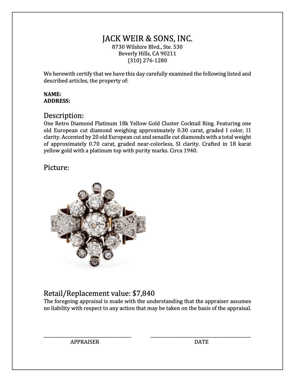 Women's or Men's Retro Diamond Platinum 18k Yellow Gold Cluster Cocktail Ring For Sale