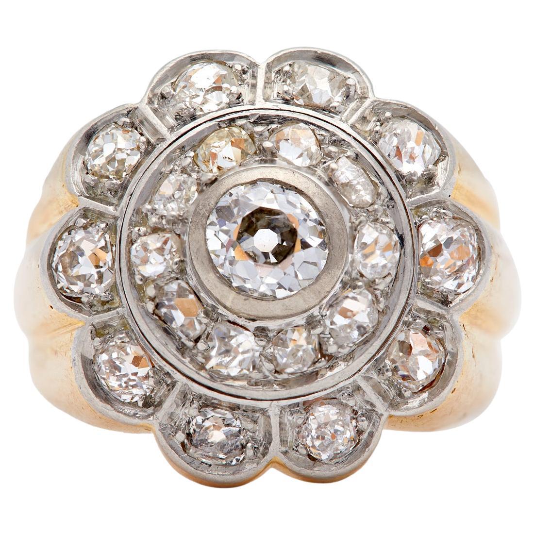 Retro Diamond Platinum 18k Yellow Gold Cluster Cocktail Ring