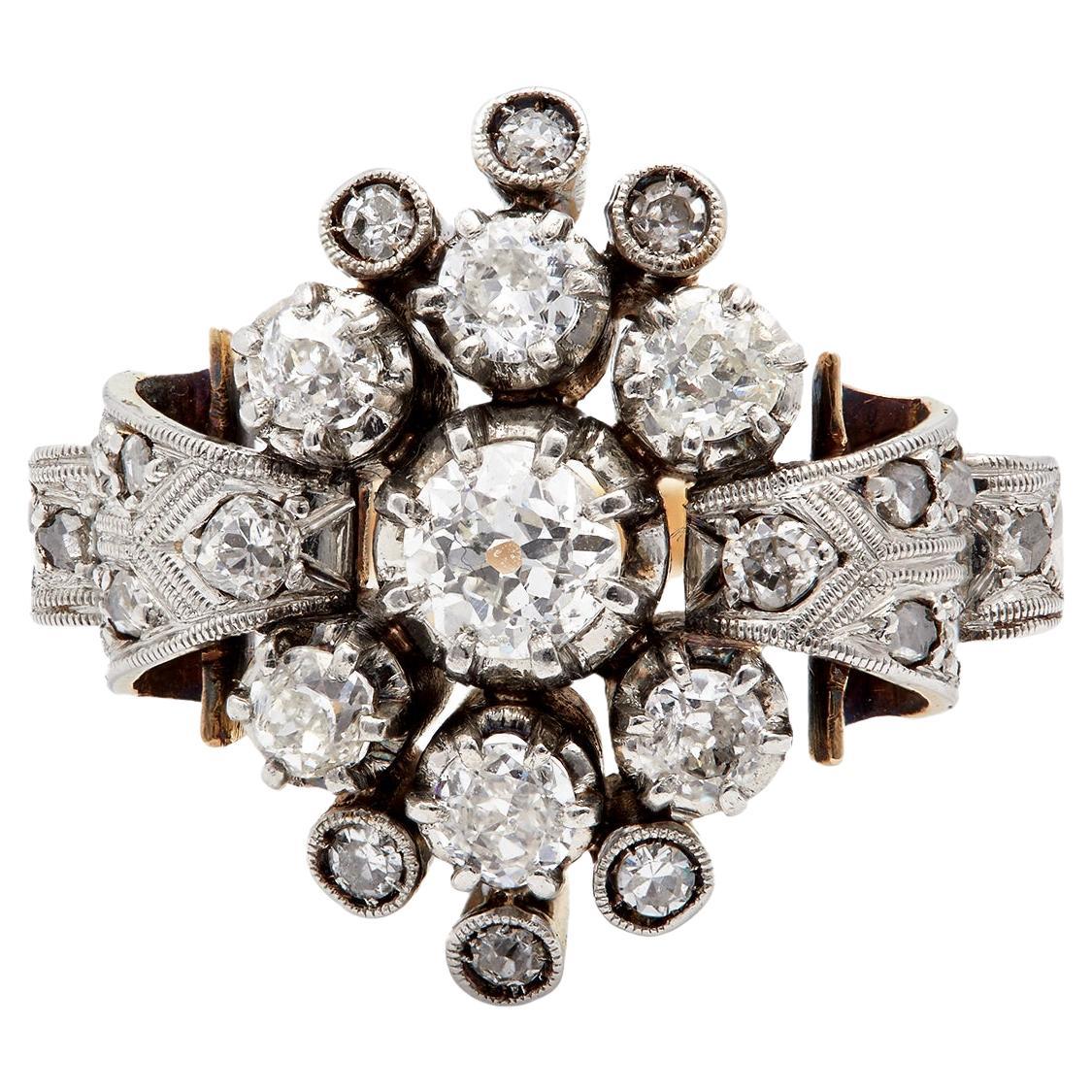 Retro Diamond Platinum 18k Yellow Gold Cluster Cocktail Ring For Sale