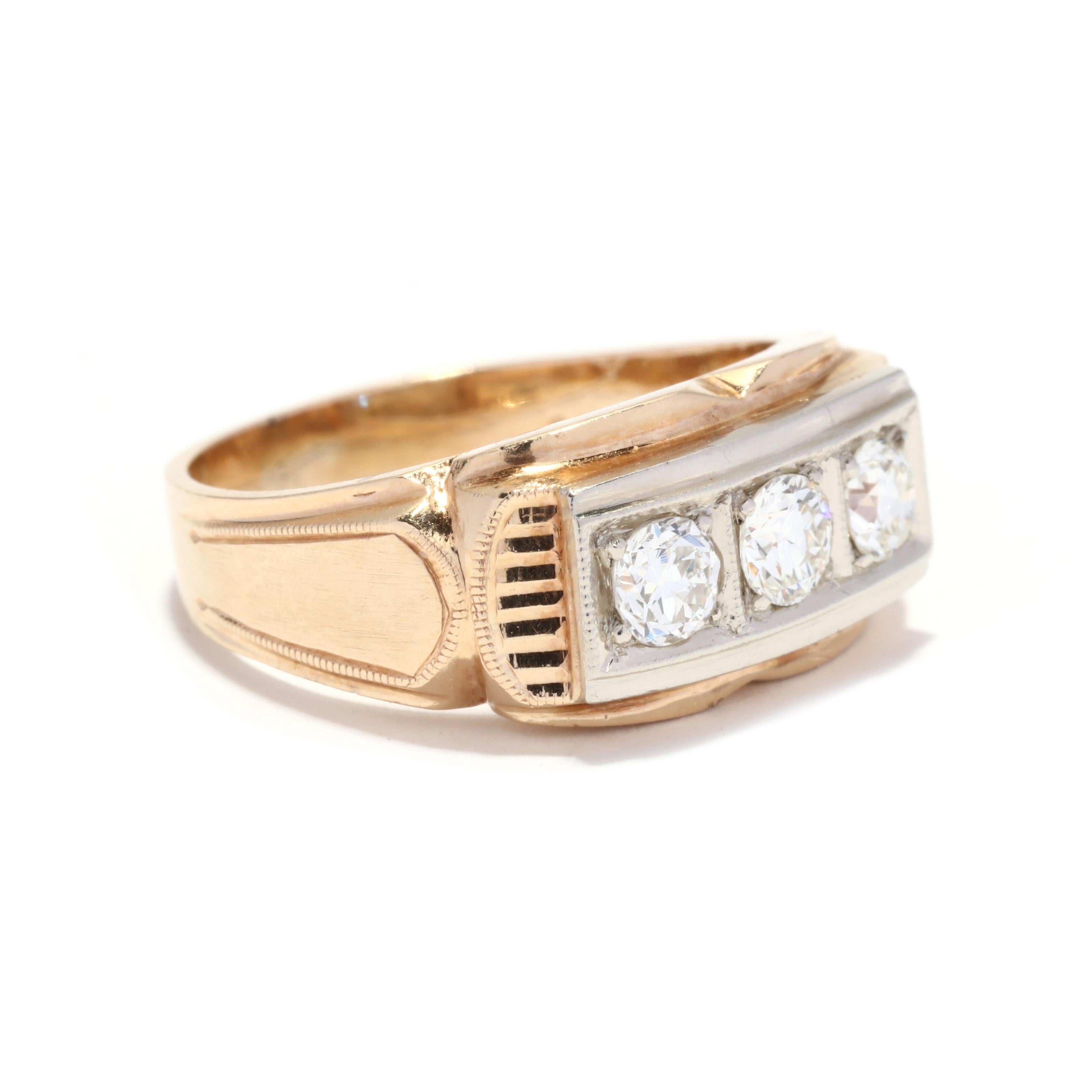 A retro 14 karat yellow and white gold diamond ring. This vintage ring features three old European cut diamonds weighing approximately .65 total carats set in a white gold horizontal design on a yellow gold mounting with geometric engraved