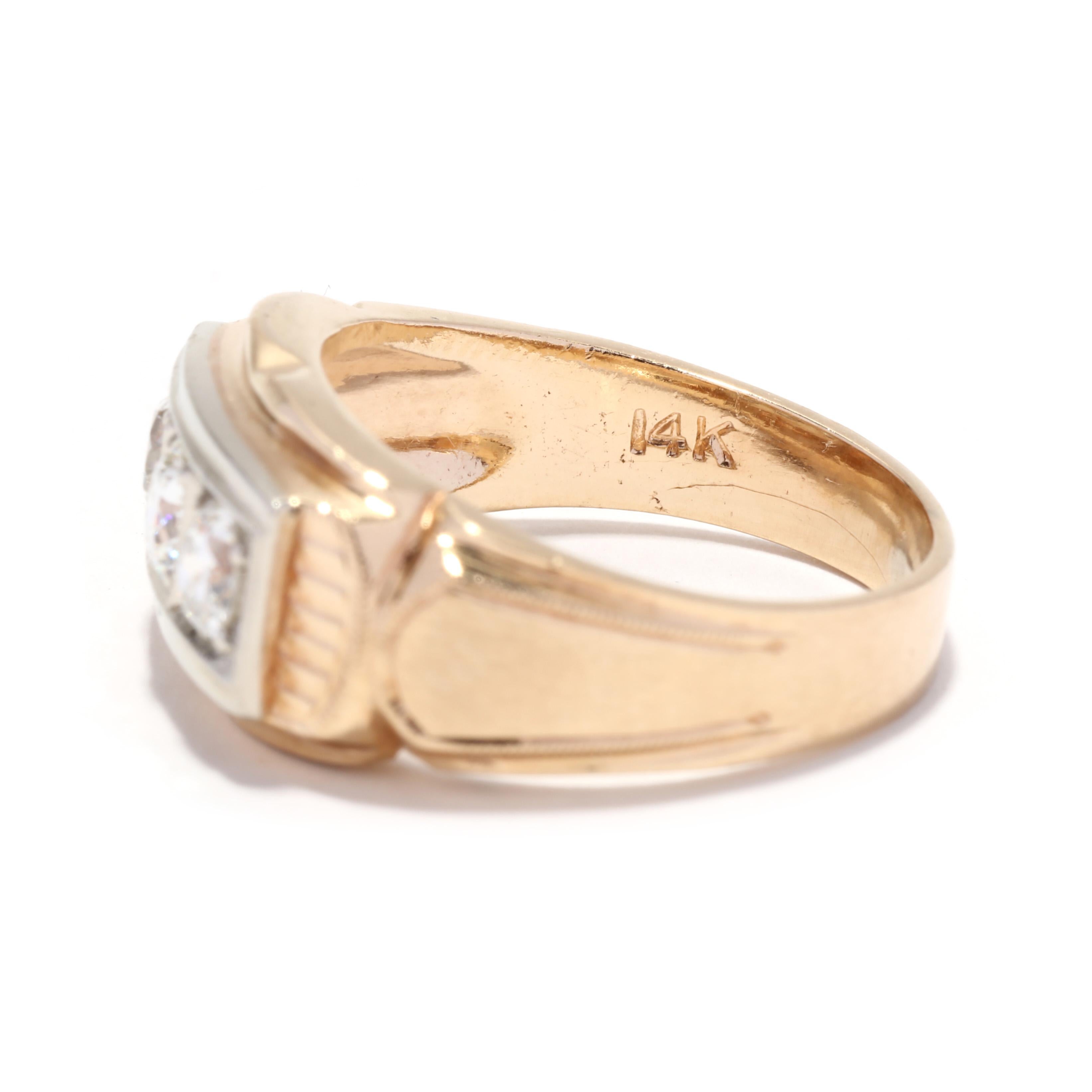 Women's or Men's Retro Diamond Ring, 14K Gold, Old European Diamond Ring, 3 Stone Ring