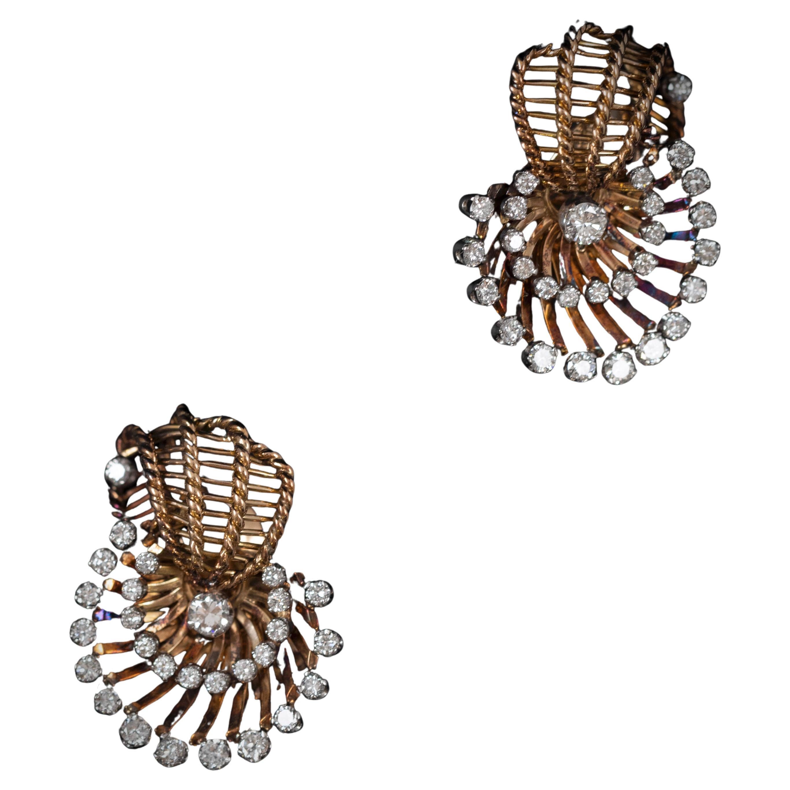 Retro Diamond Ropework Clip-On Ohrringe Ohrclips Rose Gold 1940er 1950er Jahre