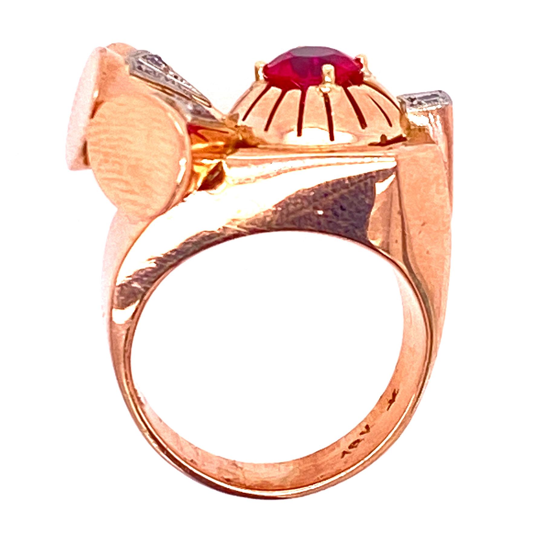 Women's Retro Diamond Ruby 14 Karat Rose Gold Cocktail Ring