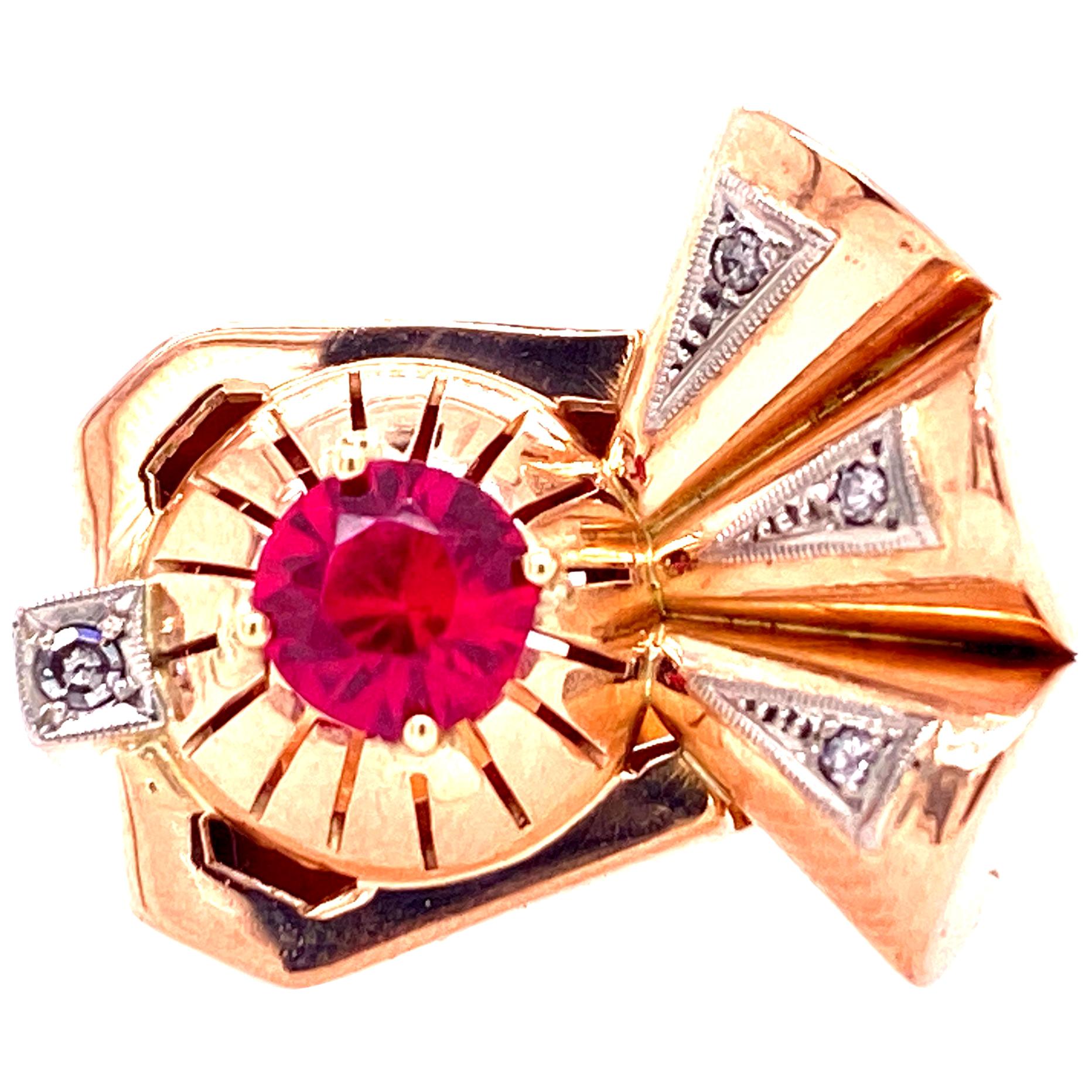 Retro Diamond Ruby 14 Karat Rose Gold Cocktail Ring