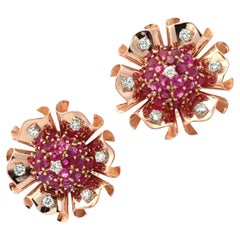 Retro Diamond Ruby 14 Karat Rose Gold Floral Leverback Estate Earrings