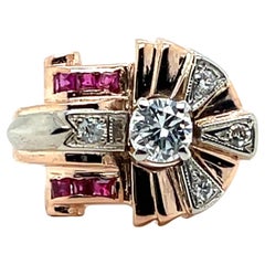 Retro Diamond & Ruby 14k Rose and Yellow Gold Tank Design Ring 1940s