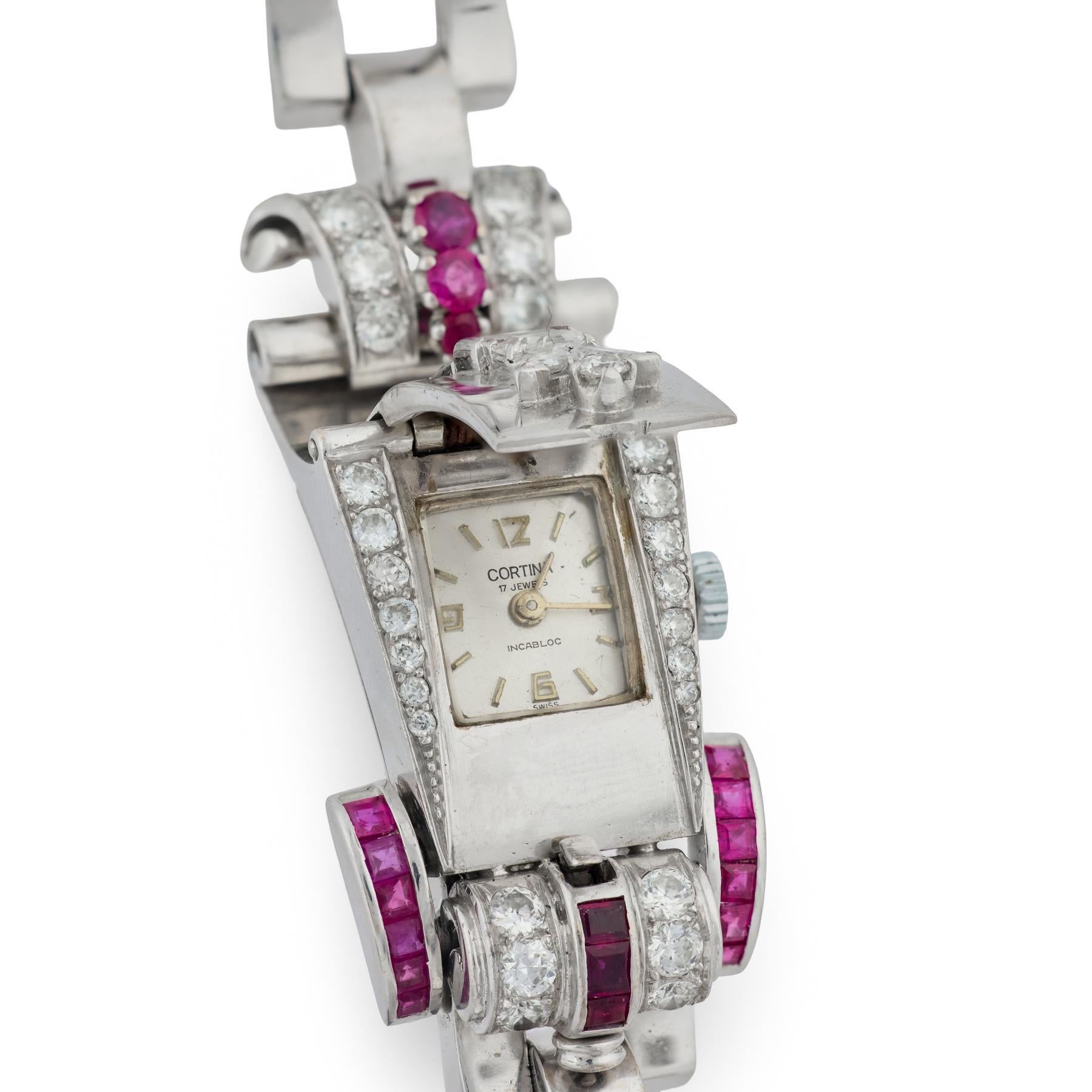 Bullet Cut Retro diamond ruby 14k white gold watch bracelet For Sale