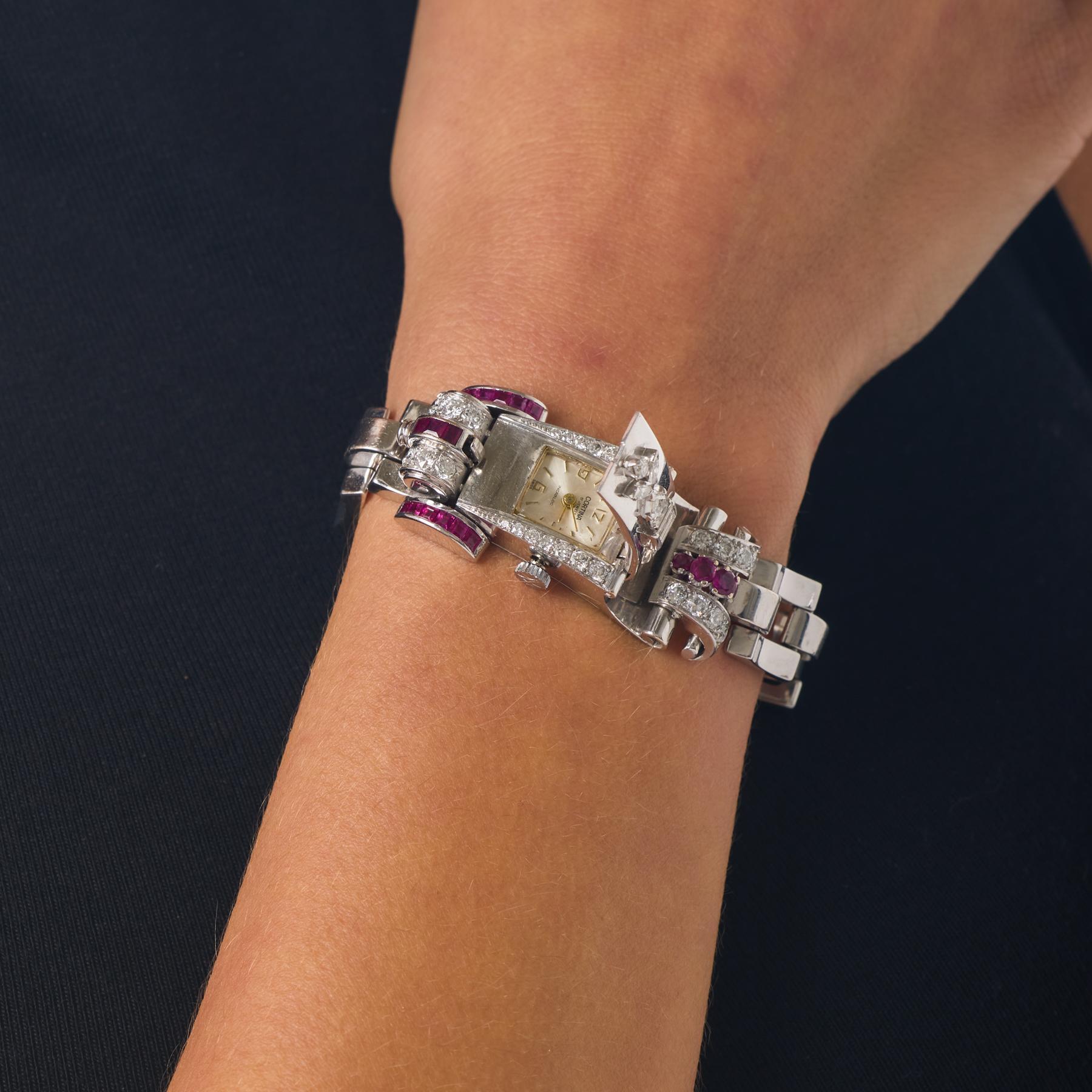 Retro diamond ruby 14k white gold watch bracelet In Good Condition For Sale In Beverly Hills, CA