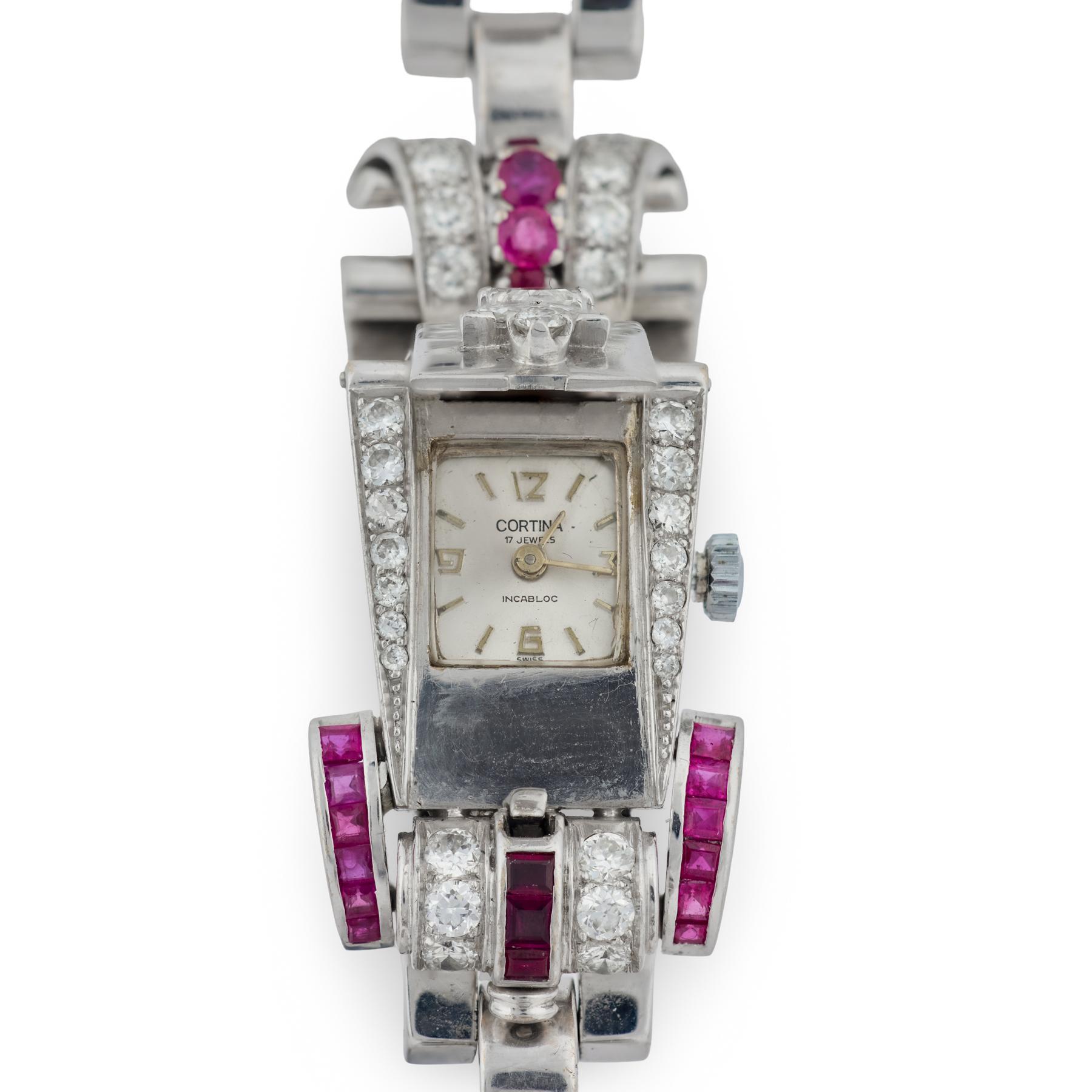 Women's Retro diamond ruby 14k white gold watch bracelet For Sale