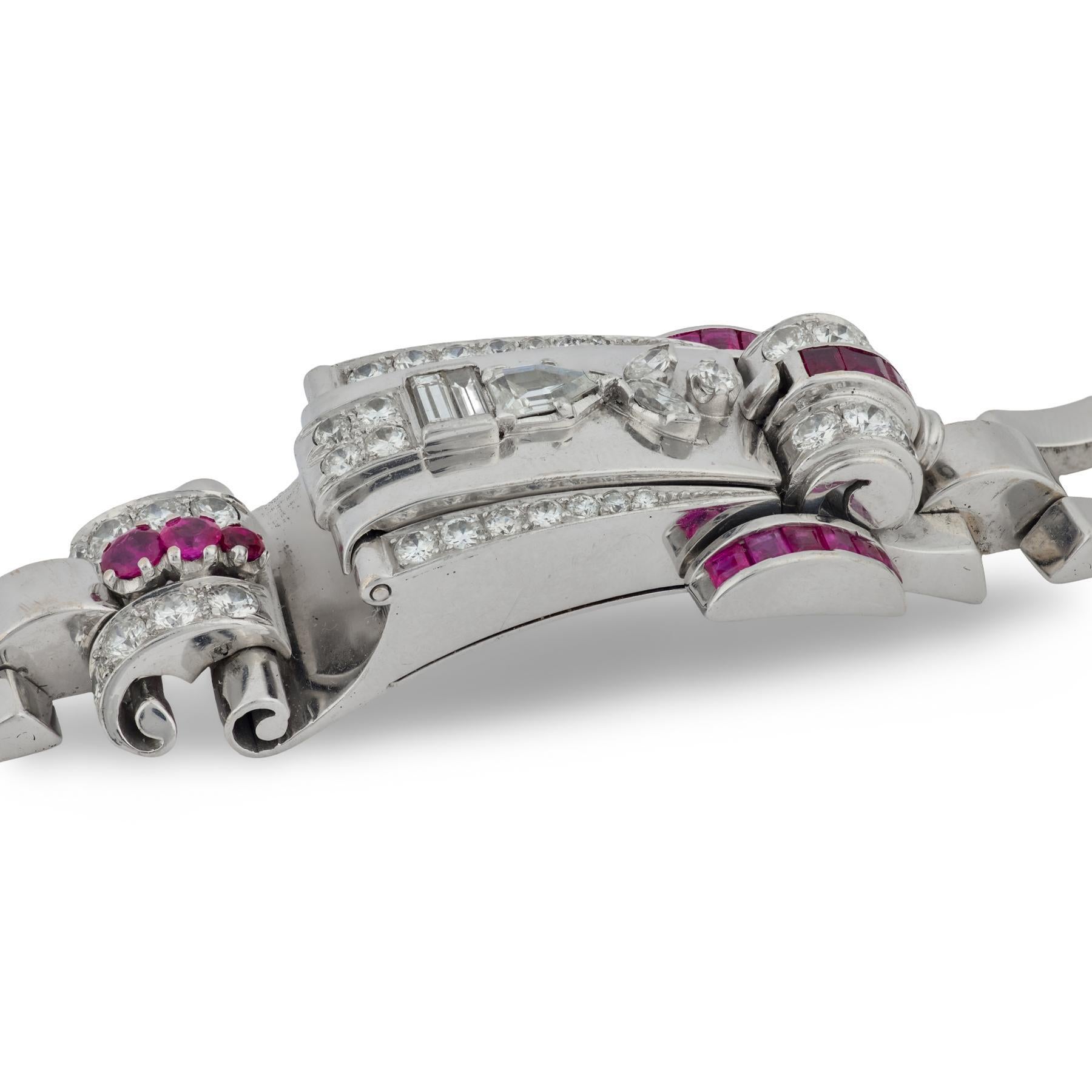 Retro diamond ruby 14k white gold watch bracelet For Sale 1