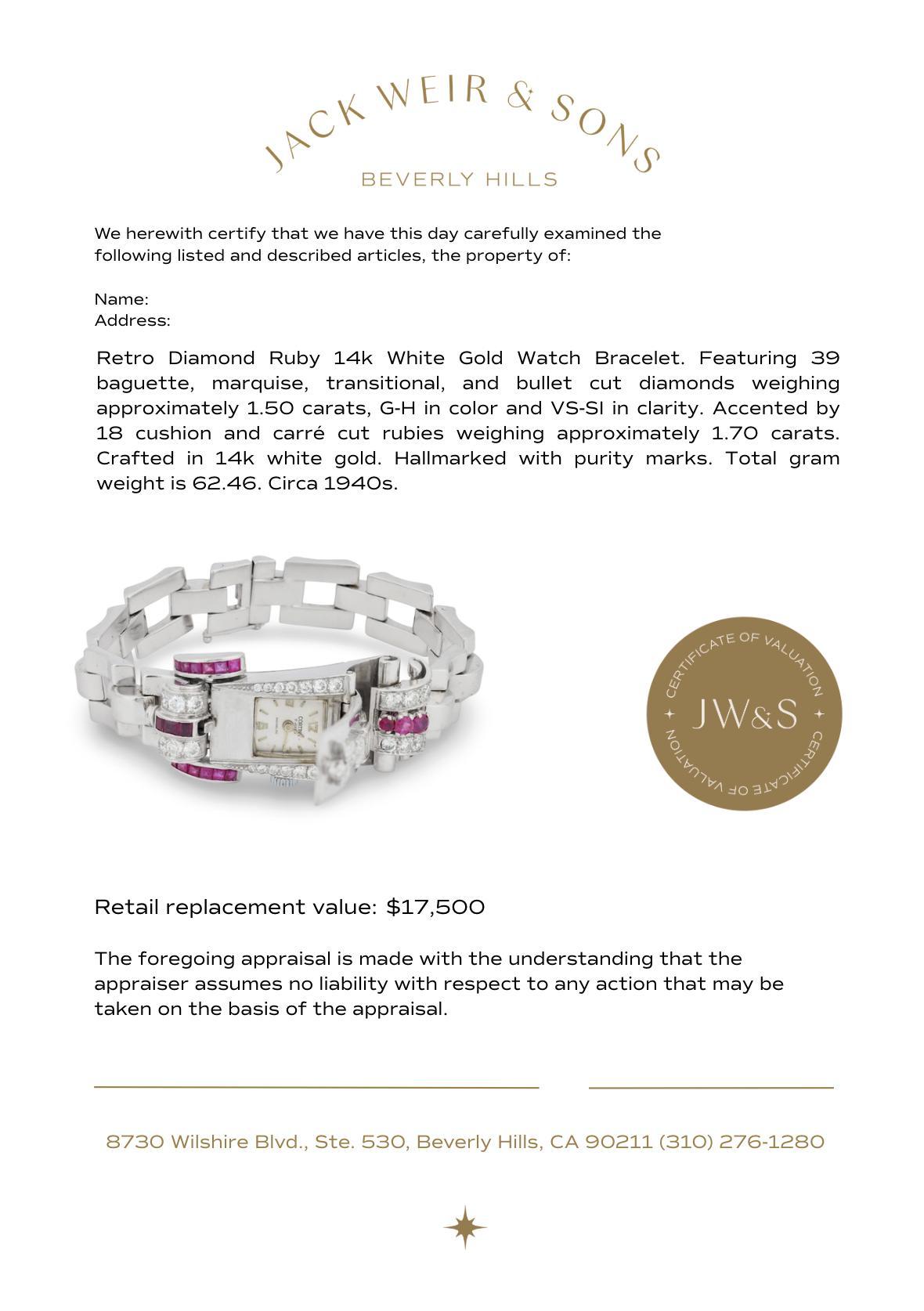 Retro diamond ruby 14k white gold watch bracelet For Sale 2