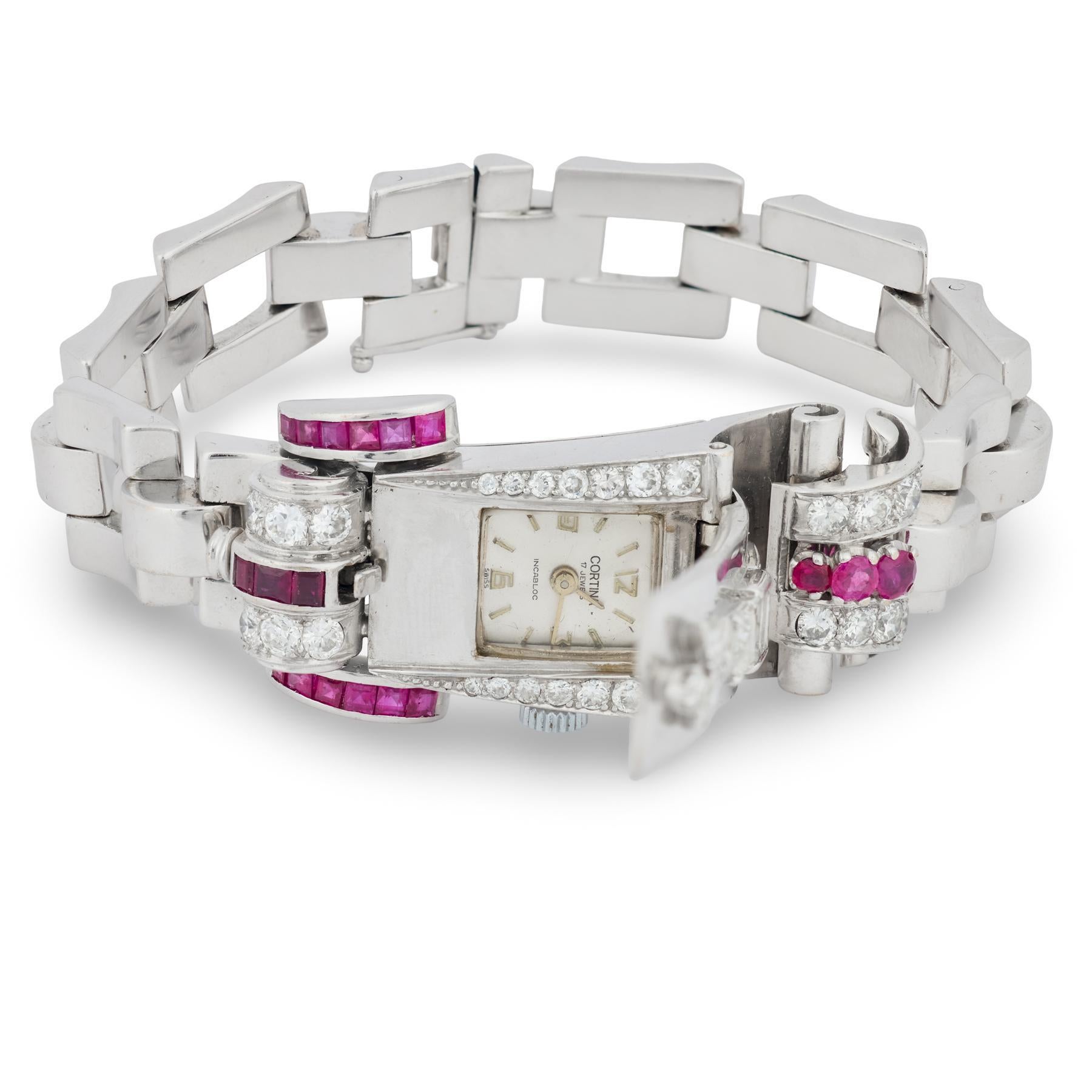 Retro diamond ruby 14k white gold watch bracelet For Sale 3