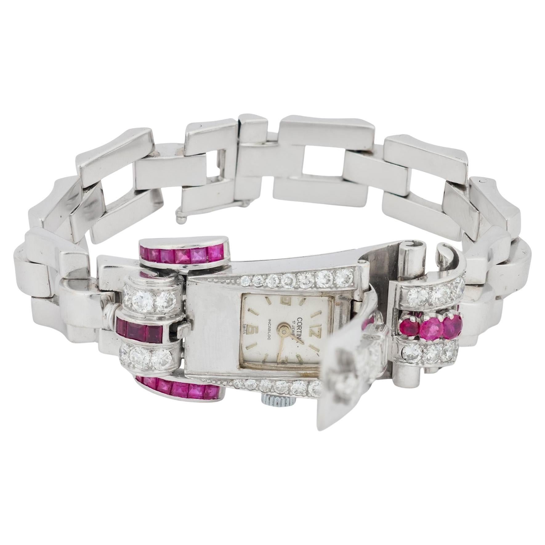 Retro diamond ruby 14k white gold watch bracelet For Sale
