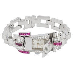 Retro diamond ruby 14k white gold watch bracelet