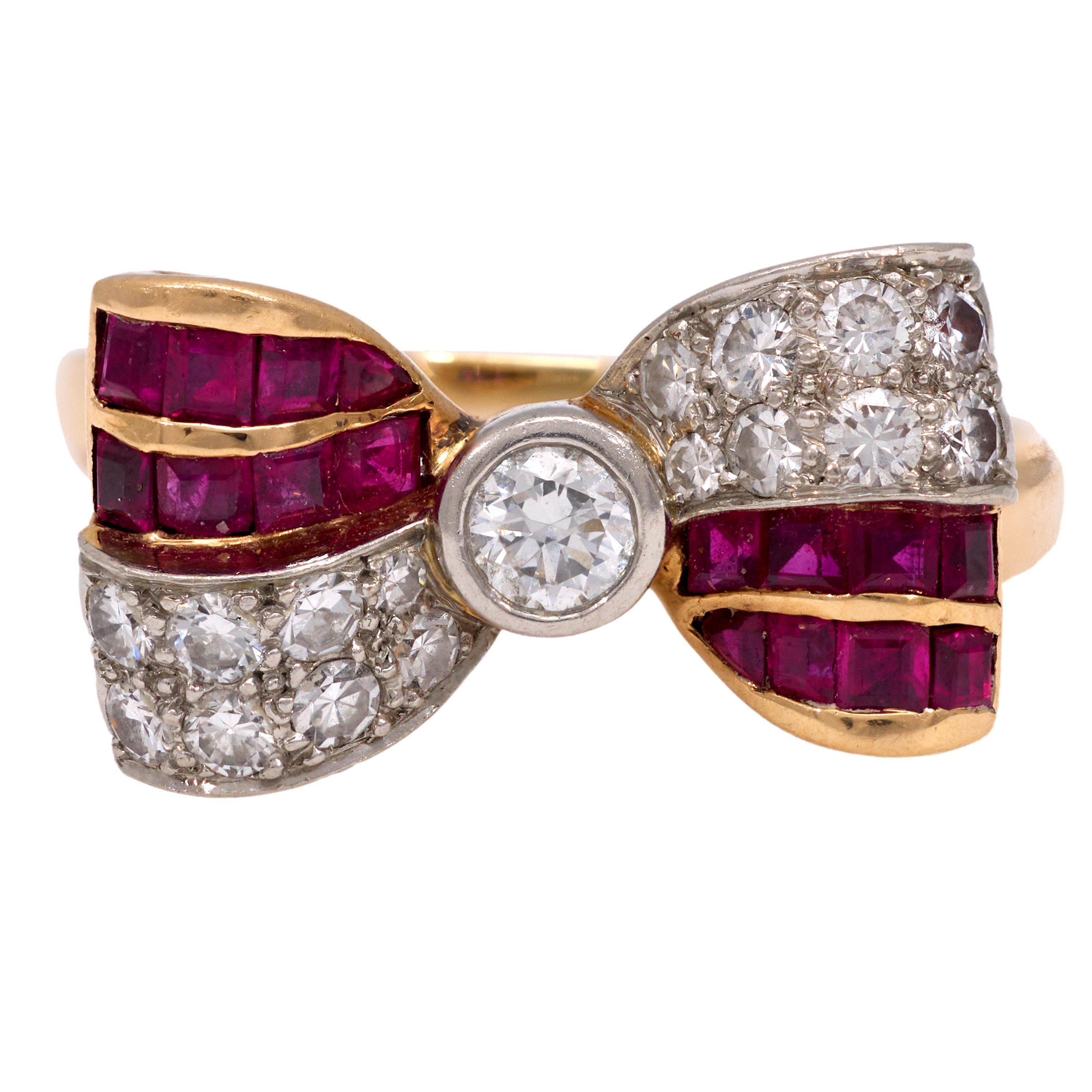 Round Cut Retro diamond ruby 14k yellow gold bow tie ring For Sale