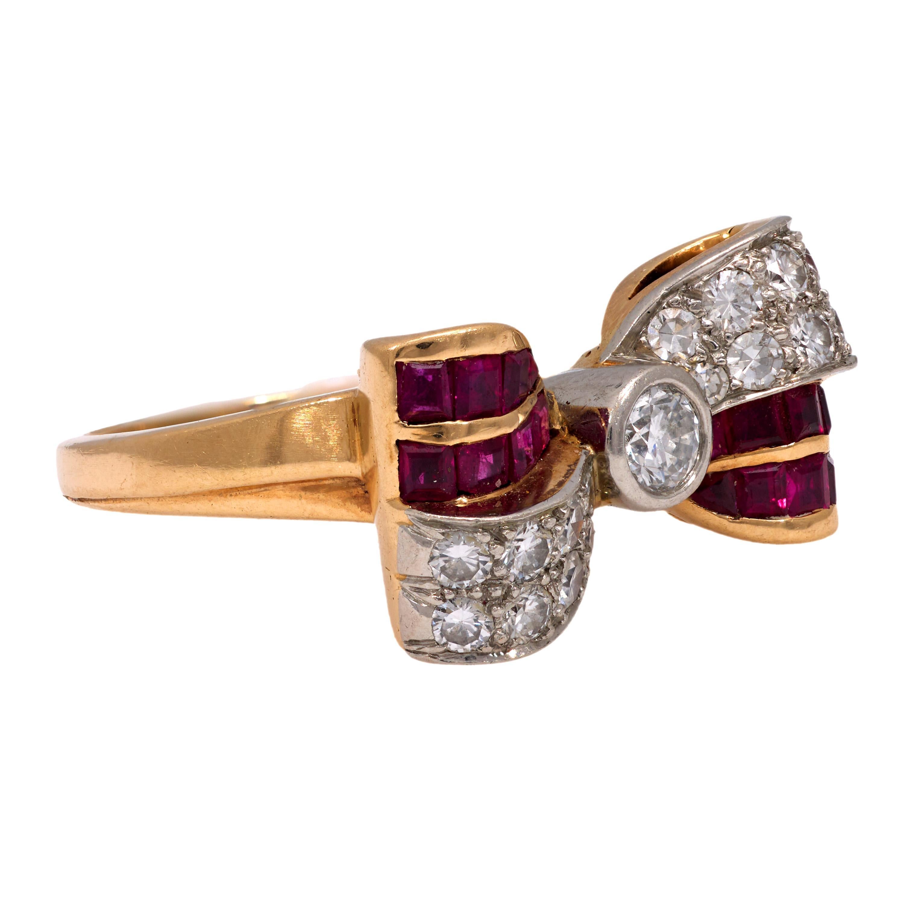 Women's Retro diamond ruby 14k yellow gold bow tie ring For Sale
