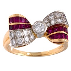 Vintage diamond ruby 14k yellow gold bow tie ring