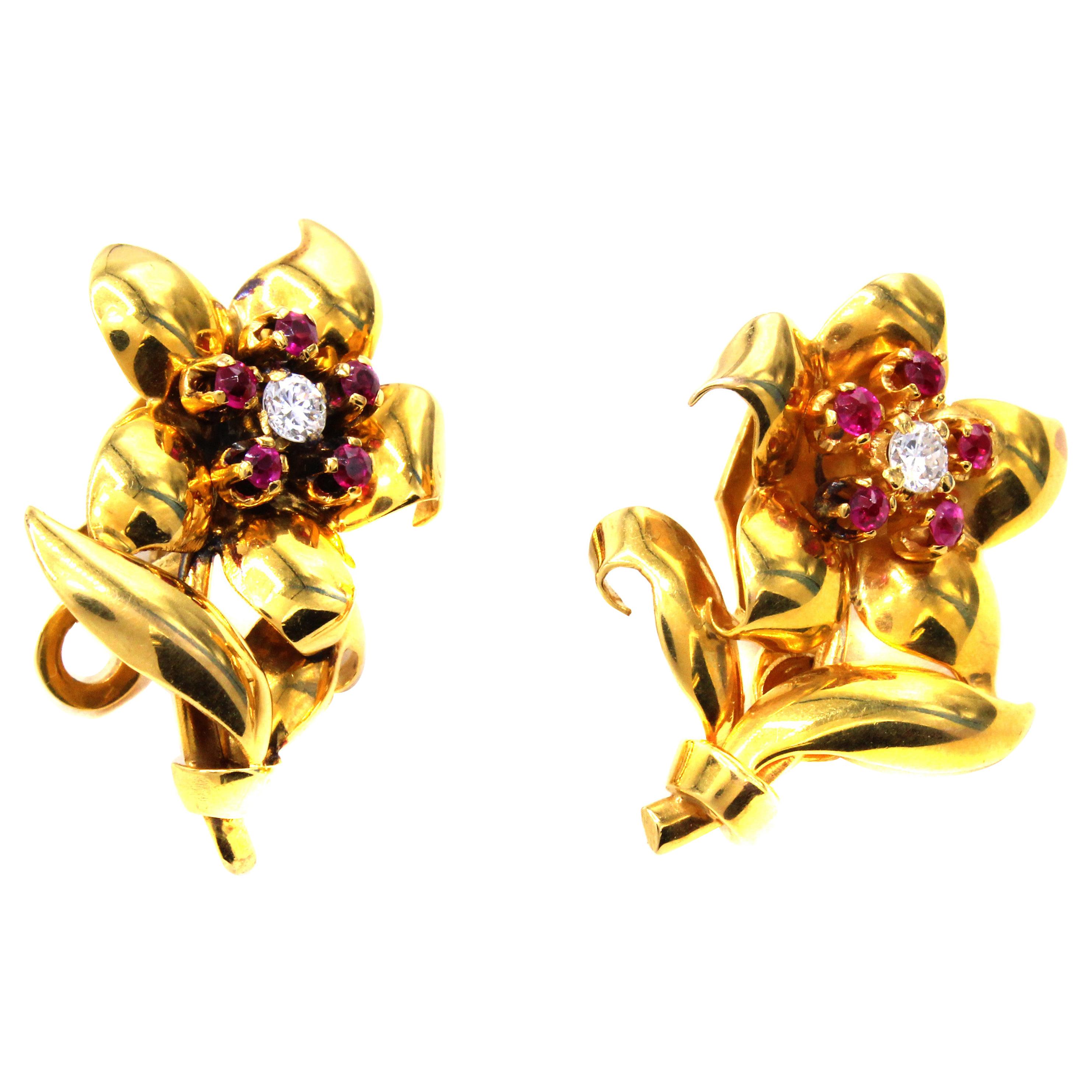 Retro Diamond Ruby 18 Karat Gold Flower Ear Clips