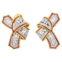 Retro Diamond Ruby 18K Gold Bow Ribbon Clip on Earrings