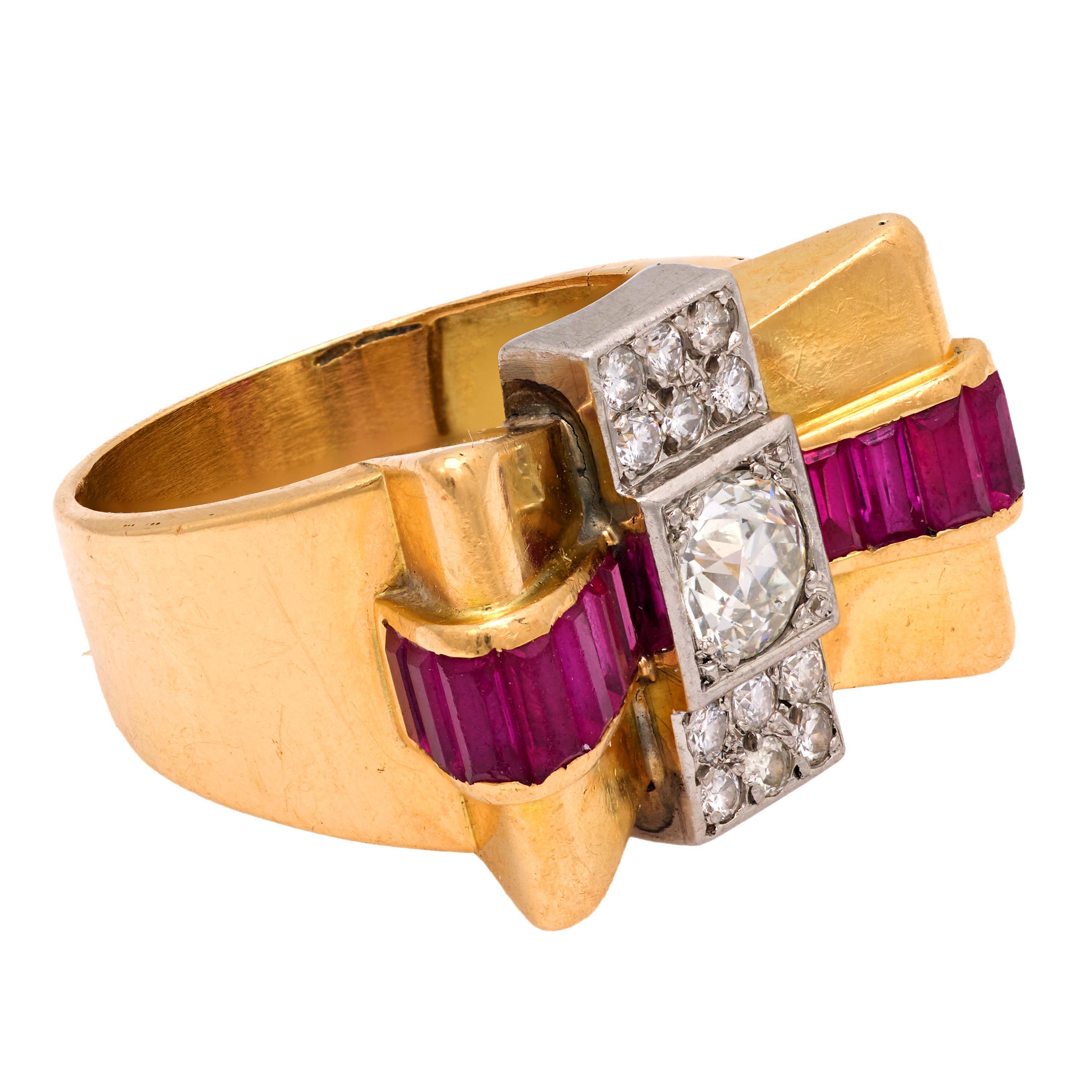 Retro diamond ruby 18k yellow gold tank ring (Alteuropäischer Schliff) im Angebot