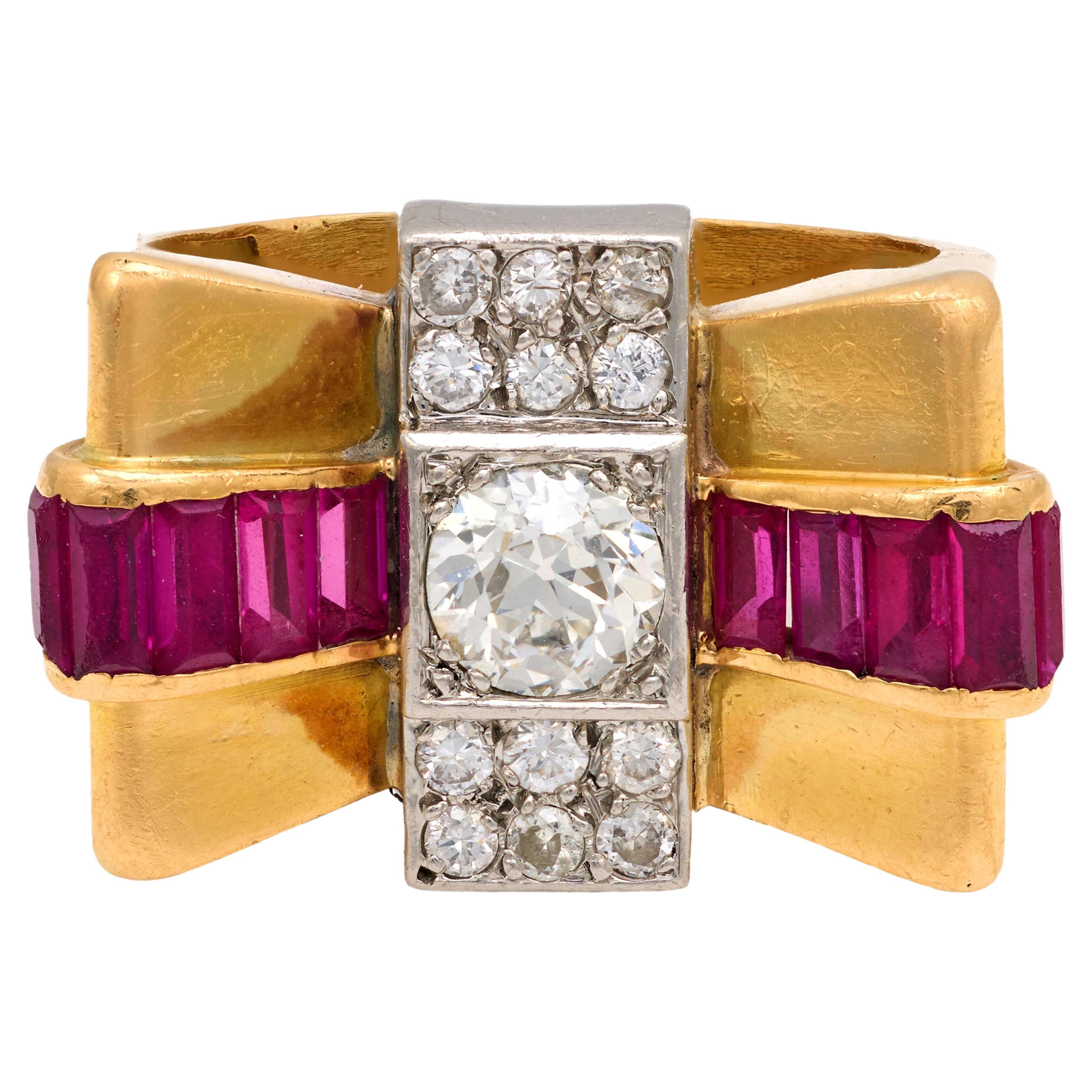 Retro diamond ruby 18k yellow gold tank ring