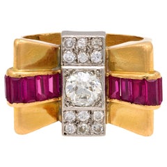 Retro diamond ruby 18k yellow gold tank ring