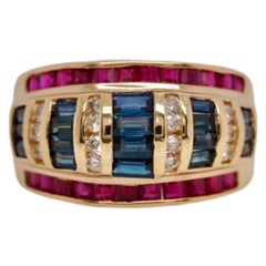 Retro Diamond, Ruby and Sapphire Dome Yellow Gold Ring