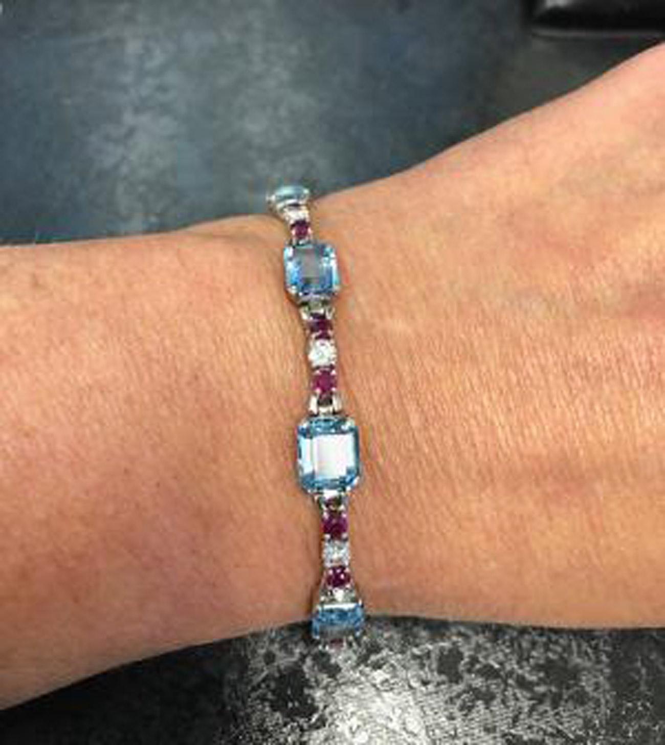 Retro Diamond Ruby Aquamarine Platinum Bracelet In Excellent Condition For Sale In New York, NY