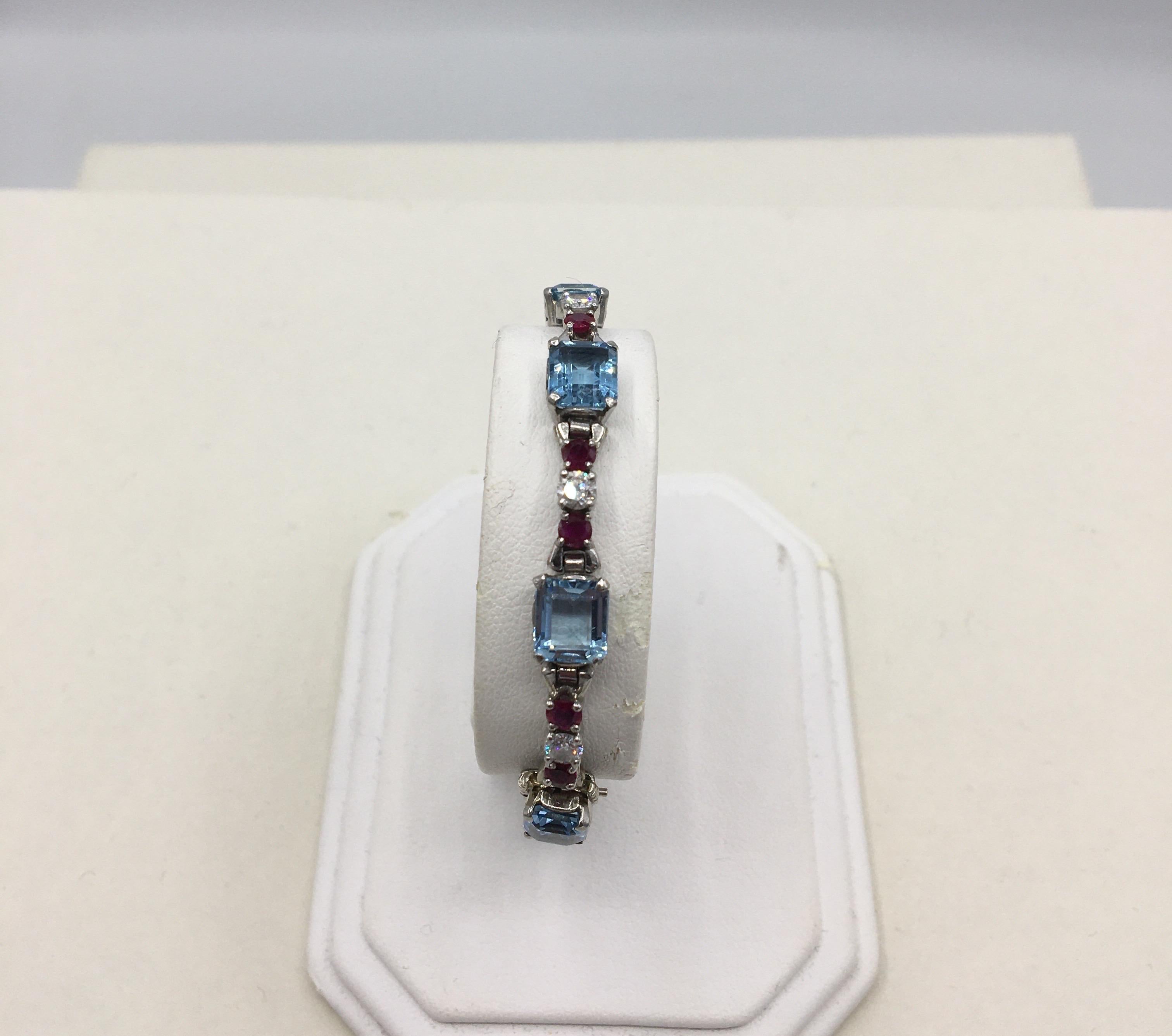 Women's or Men's Retro Diamond Ruby Aquamarine Platinum Bracelet For Sale