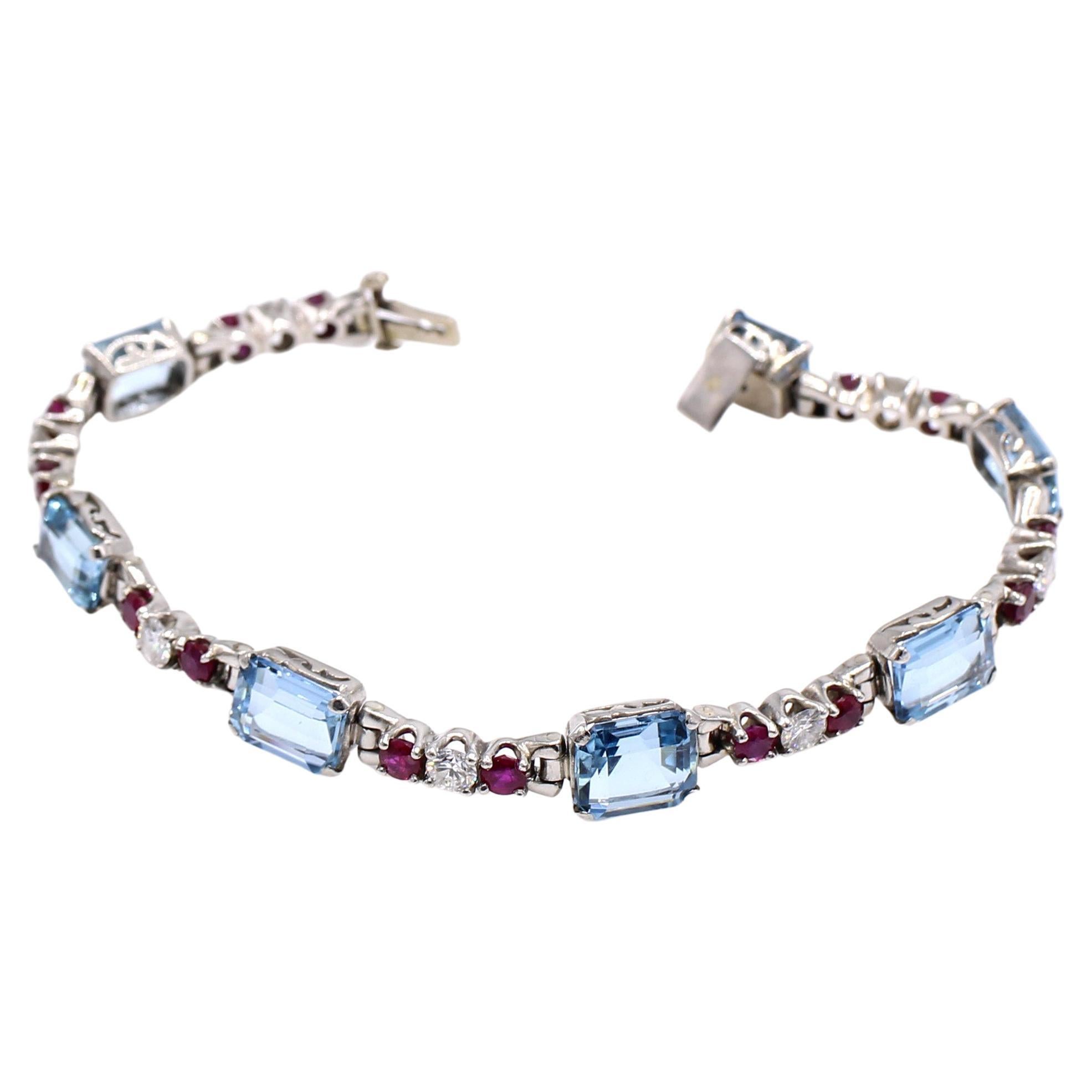 Retro Diamond Ruby Aquamarine Platinum Bracelet
