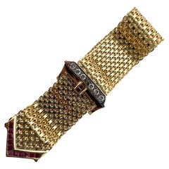 Retro Diamond Ruby Buckle Bracelet 14 Karat Yellow Gold 1950's Adjustable
