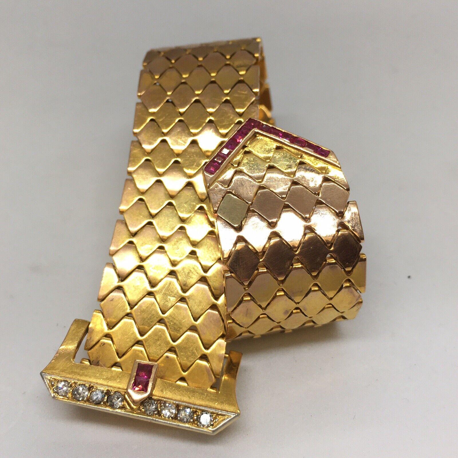 Retro Diamant-Rubin-Schnalle-Armband 14K amerikanisches Gold 1940er Jahre Ludo Vintage-Schmuck (Einfacher Schliff) im Angebot