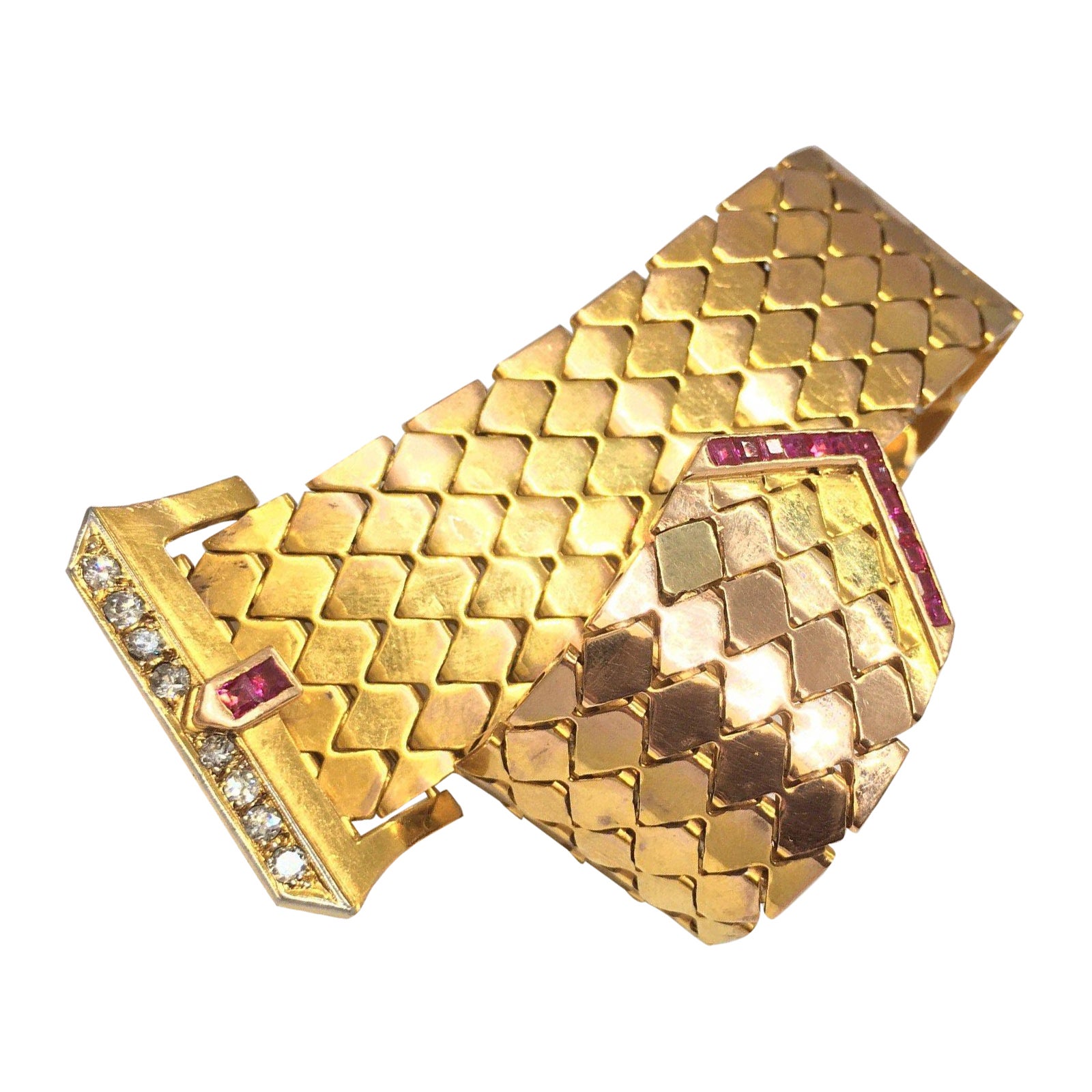 Ludo Bracelet rétro à boucle en or 14 carats avec diamants et rubis, années 1940 en vente