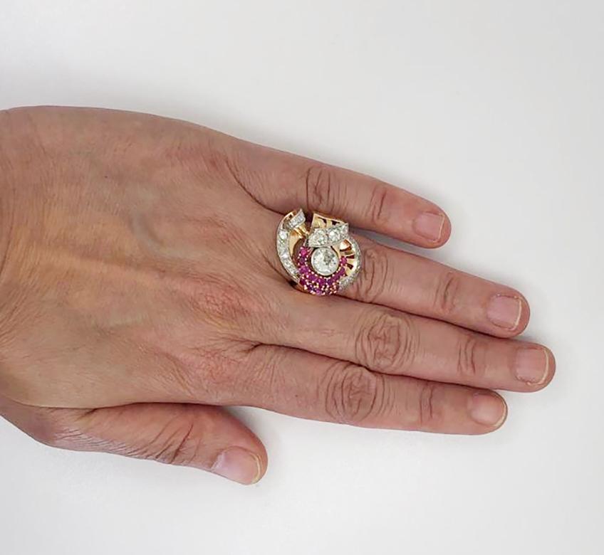 Diamond Ruby Rose and White Gold Retro Cocktail Ring In Good Condition In New York, NY