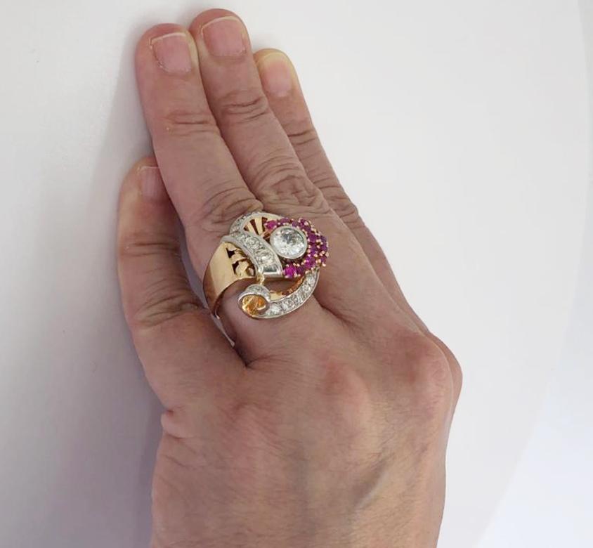 Women's Diamond Ruby Rose and White Gold Retro Cocktail Ring