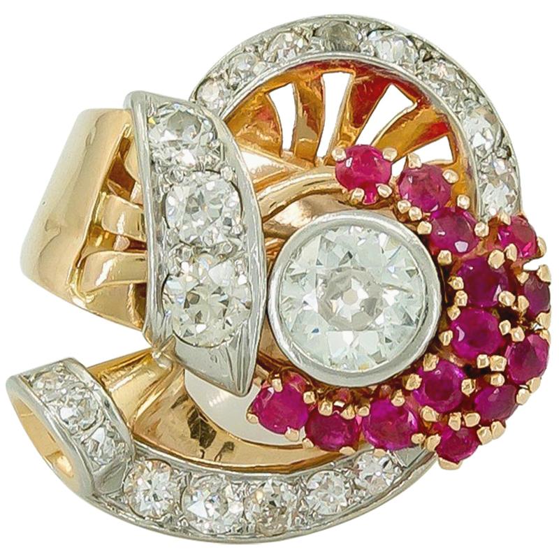 Diamond Ruby Rose and White Gold Retro Cocktail Ring