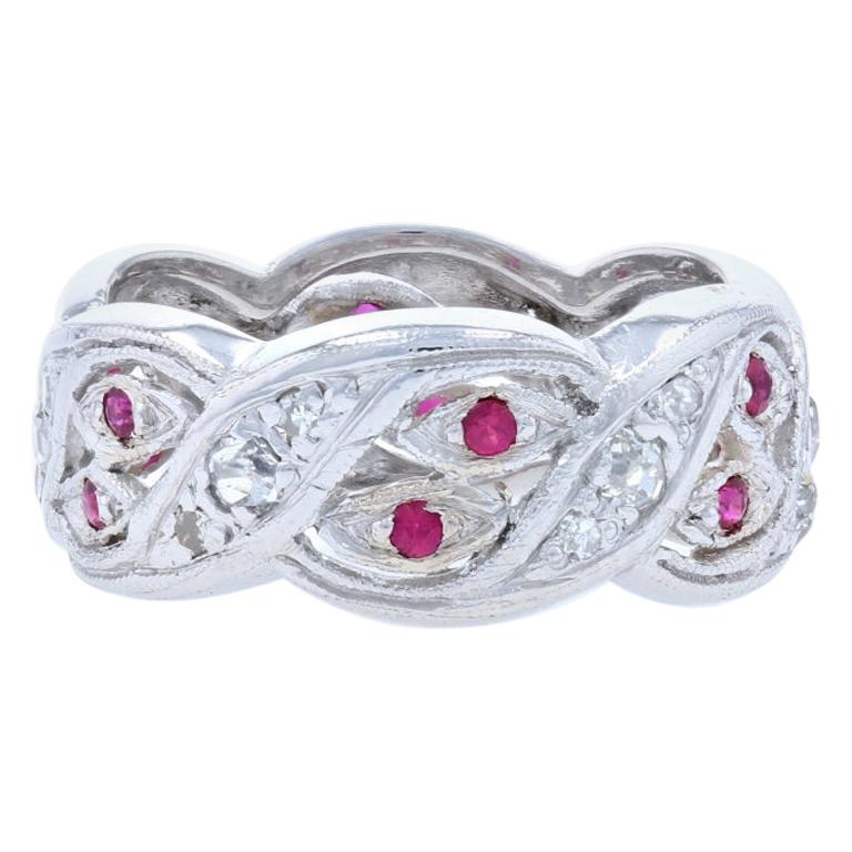 Retro Diamond & Ruby Eternity Band, Platinum Vintage Ring Old European .74 Carat