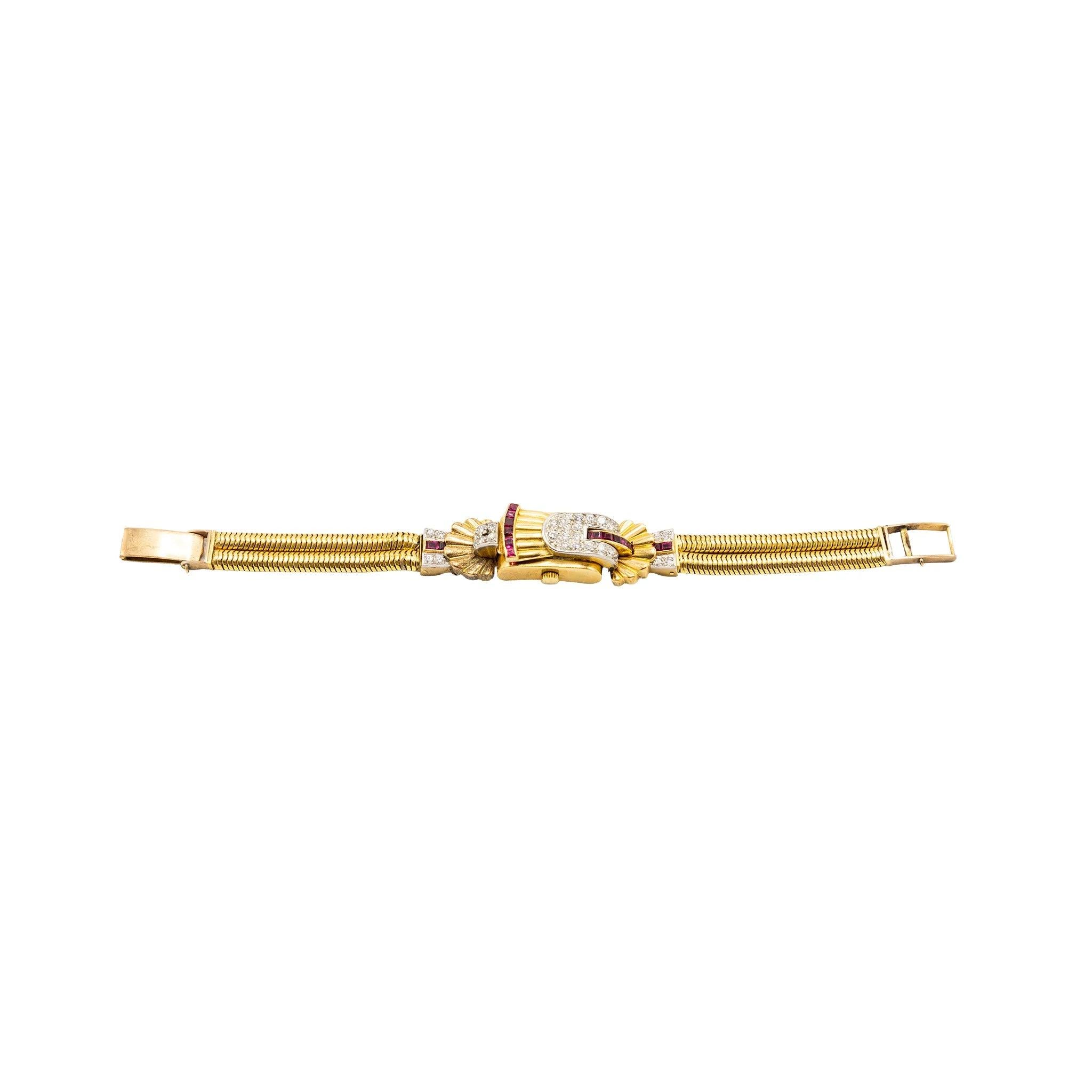 Retro-Diamant, Rubin & Goldabdeckung Uhrenarmband - '40s Damen im Angebot