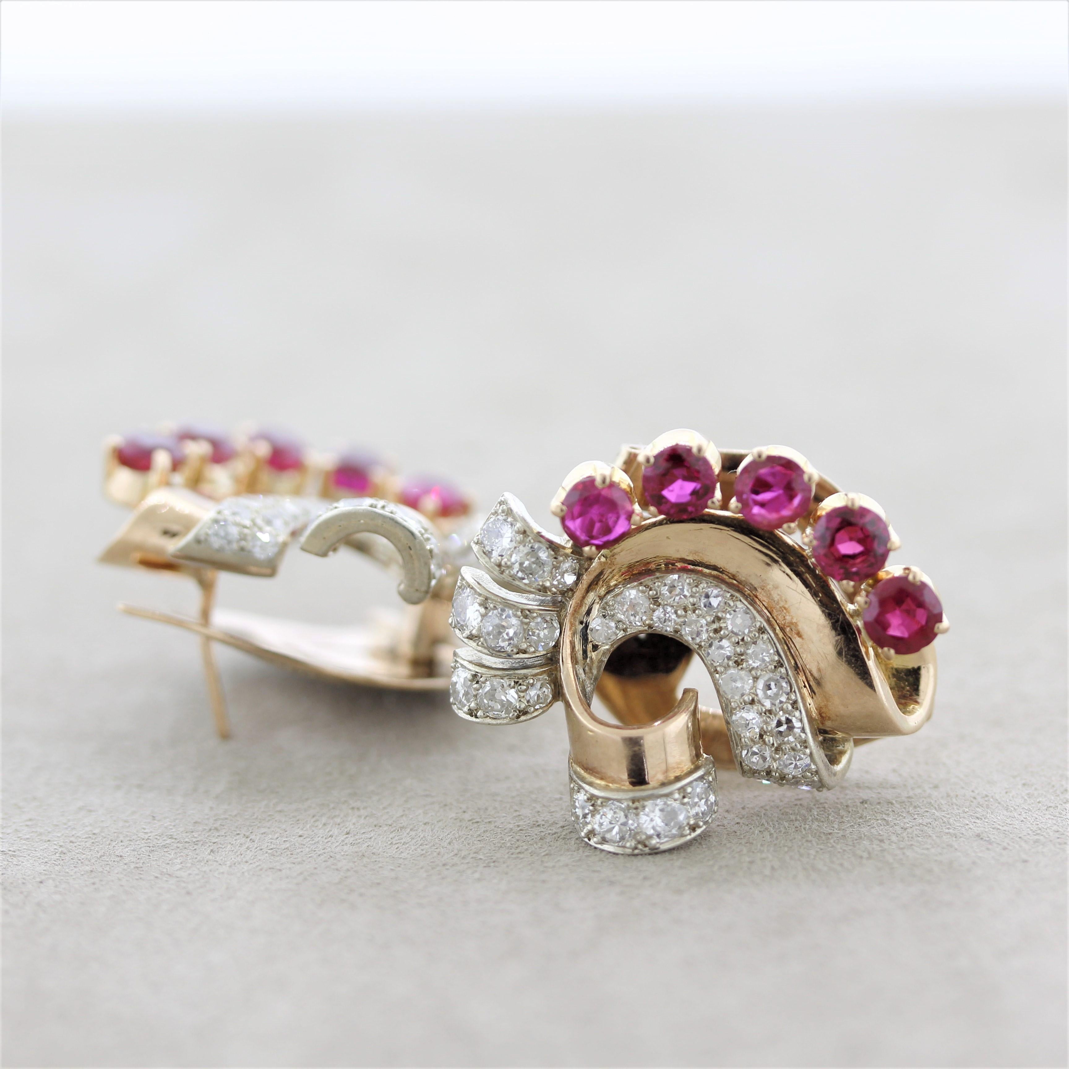 An original retro piece from the 1930’s featuring European-cut diamonds and vivid red pigeon blood rubies. In classic retro style, the piece is made in a rosy colored gold as well as white gold for a two-tone style. Approximately 1.50 carats of