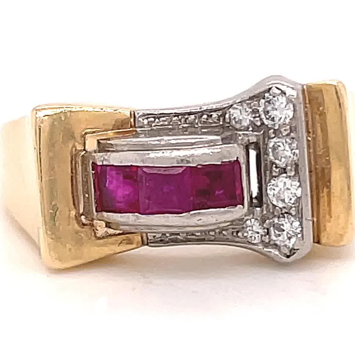 French Cut Retro Diamond Ruby Gold Ring