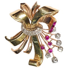 Retro Diamant & Rubin Mehrfarbige Goldbrosche