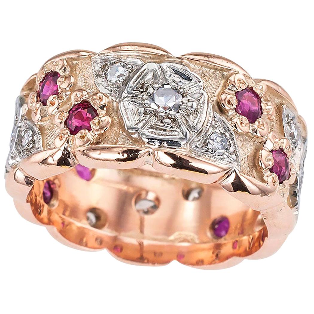 Retro Diamond Ruby Pink Gold Eternity Ring Size 7.75