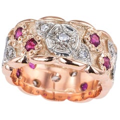 Retro Diamond Ruby Pink Gold Eternity Ring Size 7.75