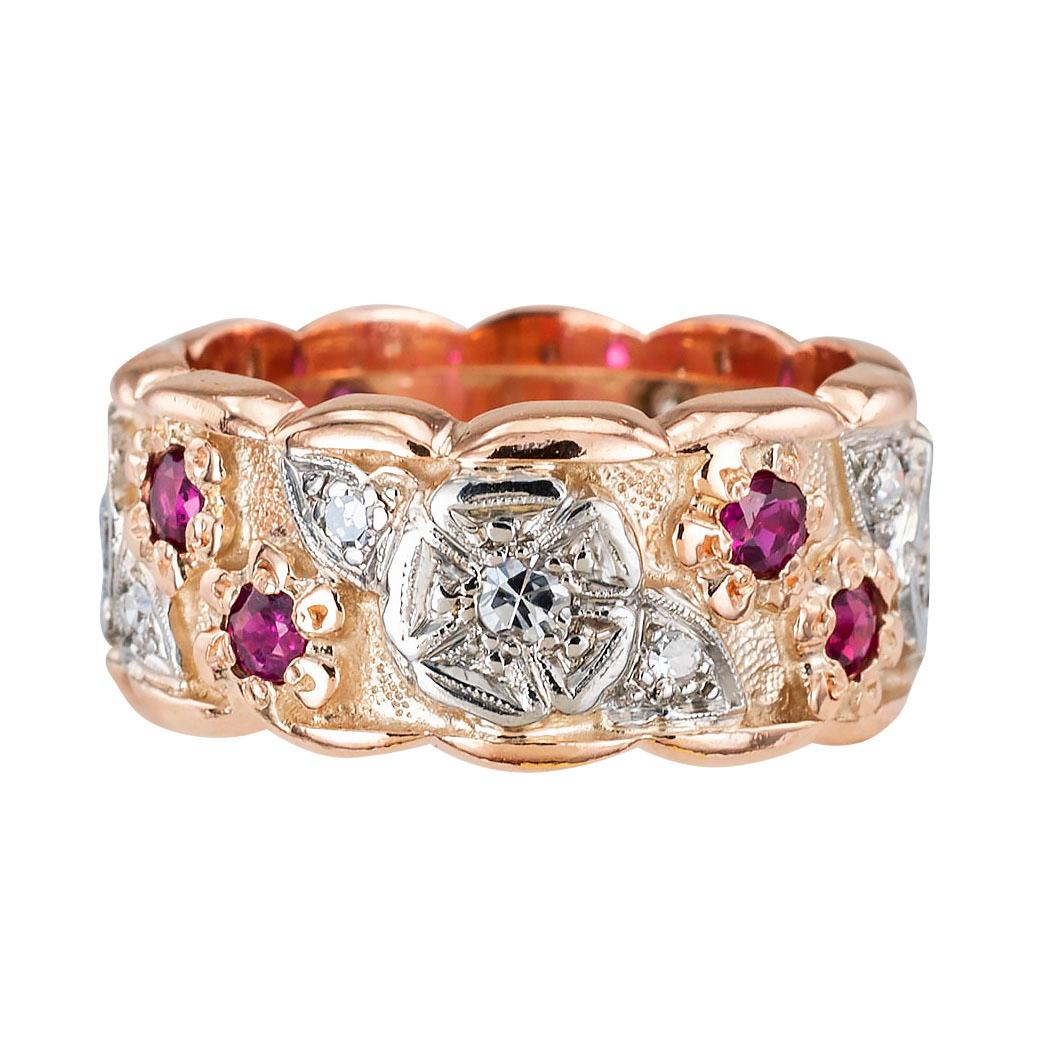 Round Cut Retro Diamond Ruby Pink Gold Eternity Ring Size 7.75