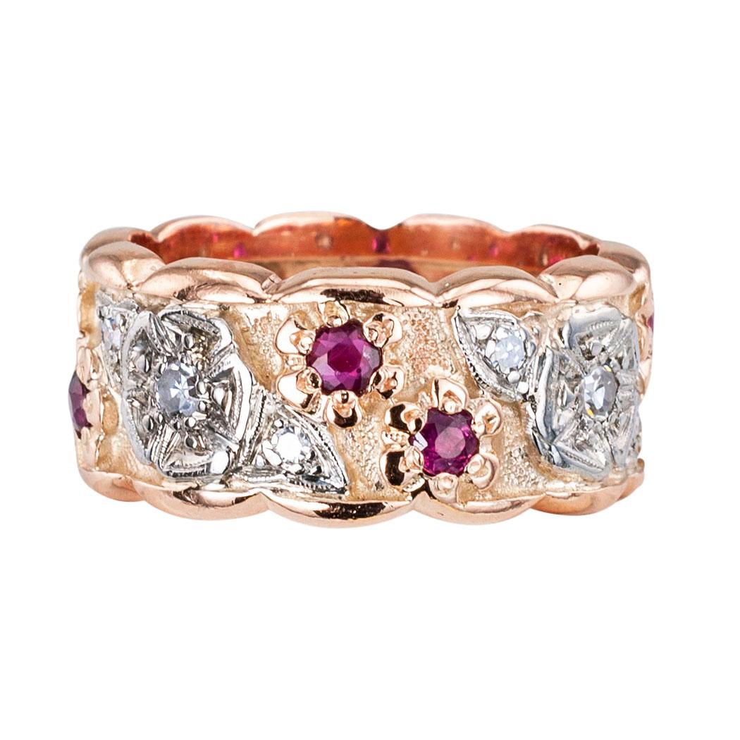 Retro Diamond Ruby Pink Gold Eternity Ring Size 7.75 In Good Condition In Los Angeles, CA