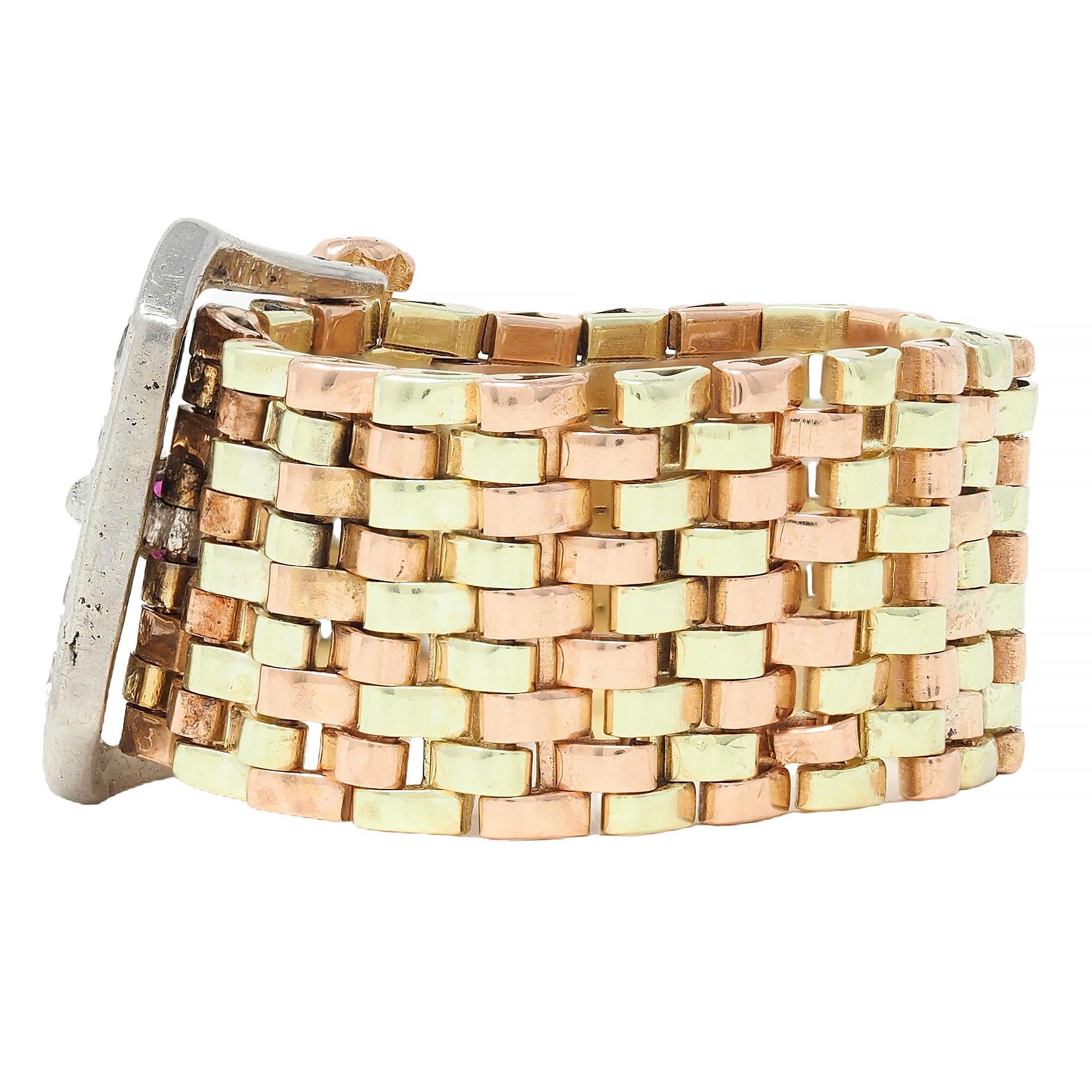 Women's or Men's Retro Diamond Ruby Platinum 14 Karat Two-Tone Gold Vintage Buckle Mesh Ring